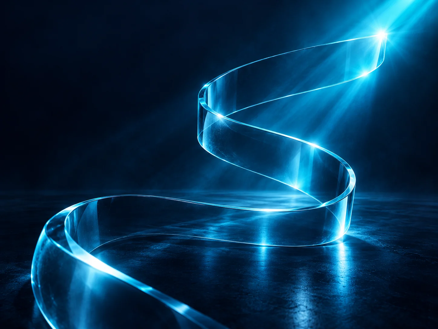 Ein geschwungener gläserner Pfad führt von links unten zu einem Cyan-Lichtpunkt rechts oben.