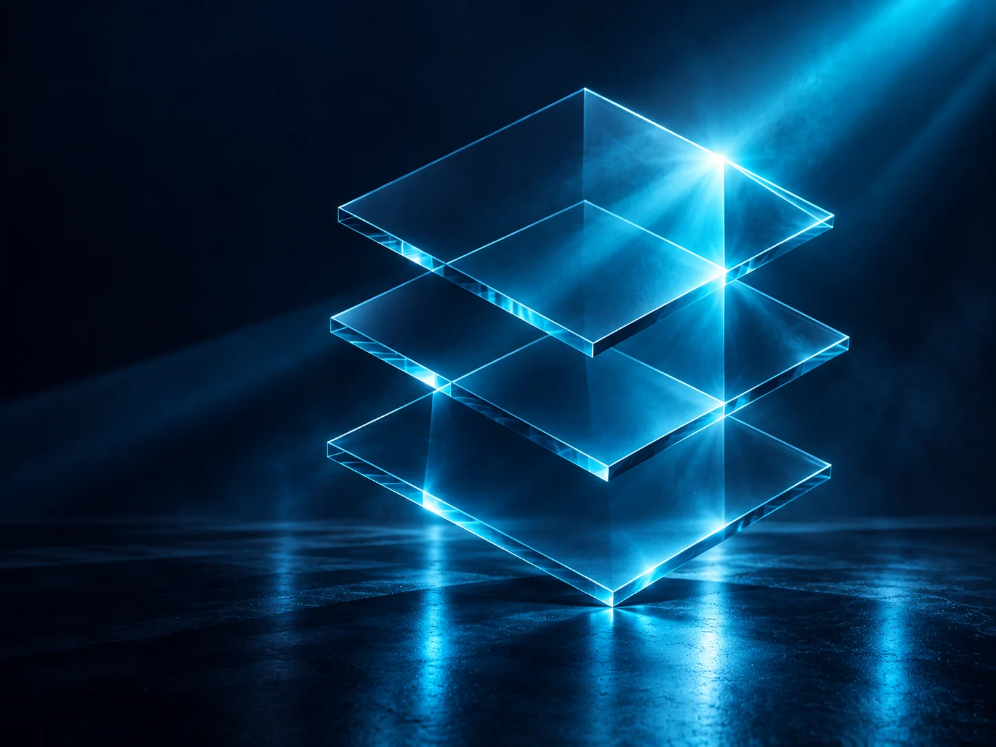 Drei schwebende Glasschichten mit präzisen Cyan-Kanten als Sinnbild aufeinander abgestimmter Leistungen.
