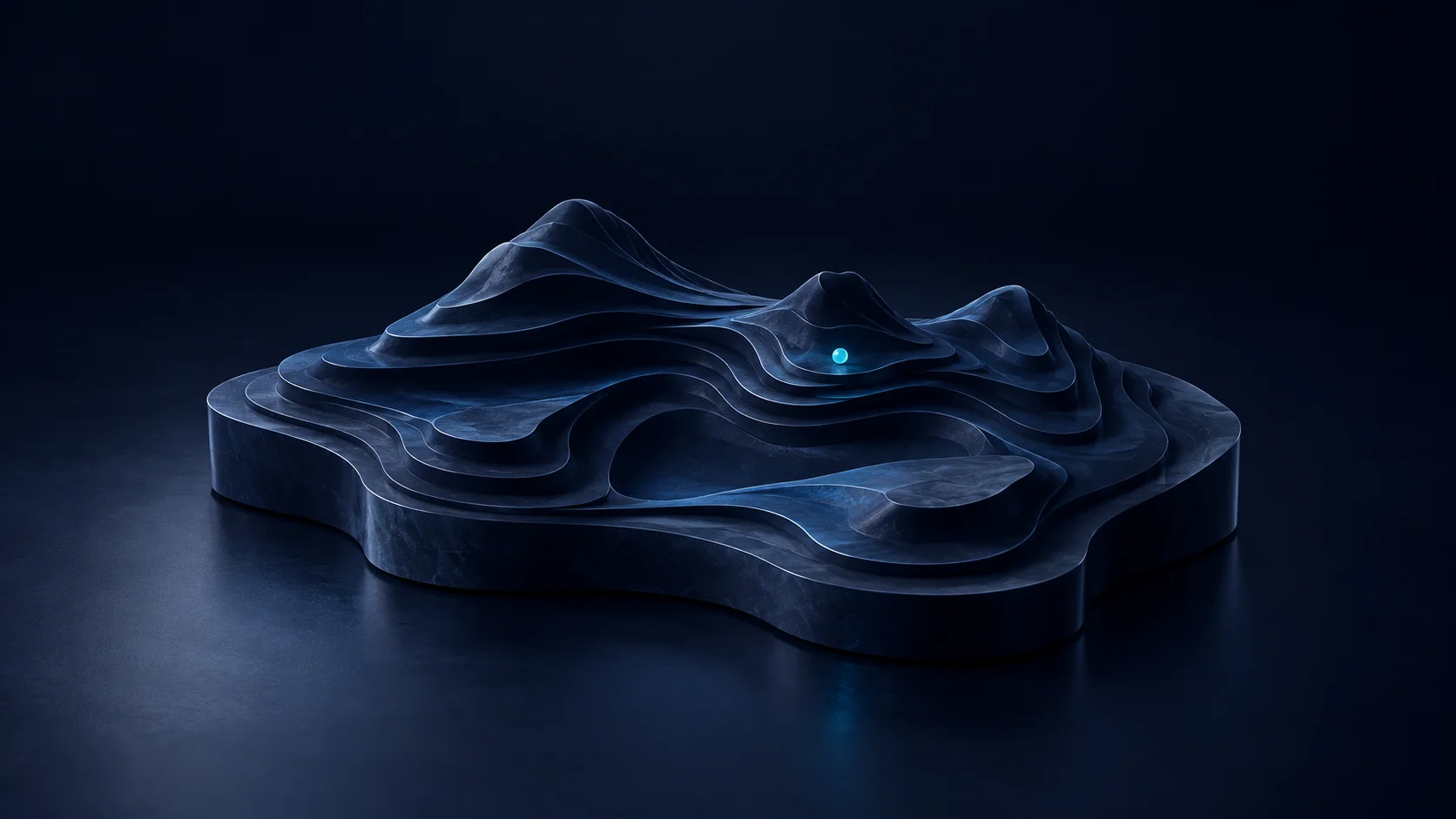 Abstraktes topografisches Relief mit einem Cyan-Lichtpunkt.
